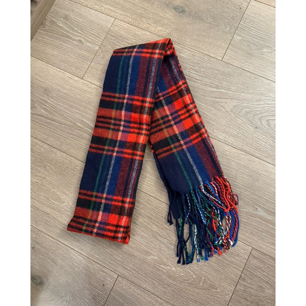 Topman Plaid Fringe Scarf Navy Blue Red Tartan Soft Knit Winter Scarf